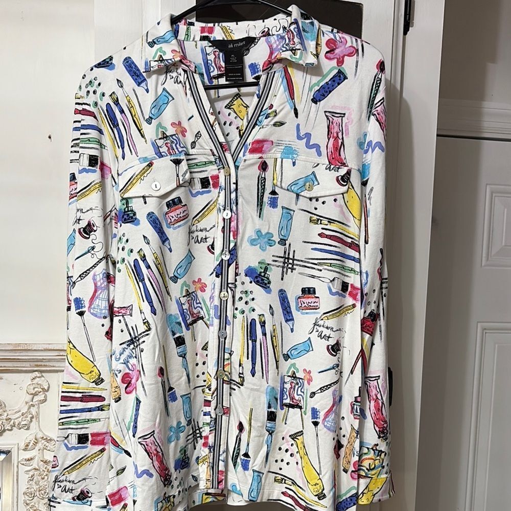 Ali Miles Colorful Graphic Women’s Art Design Dress Shirt Size PL